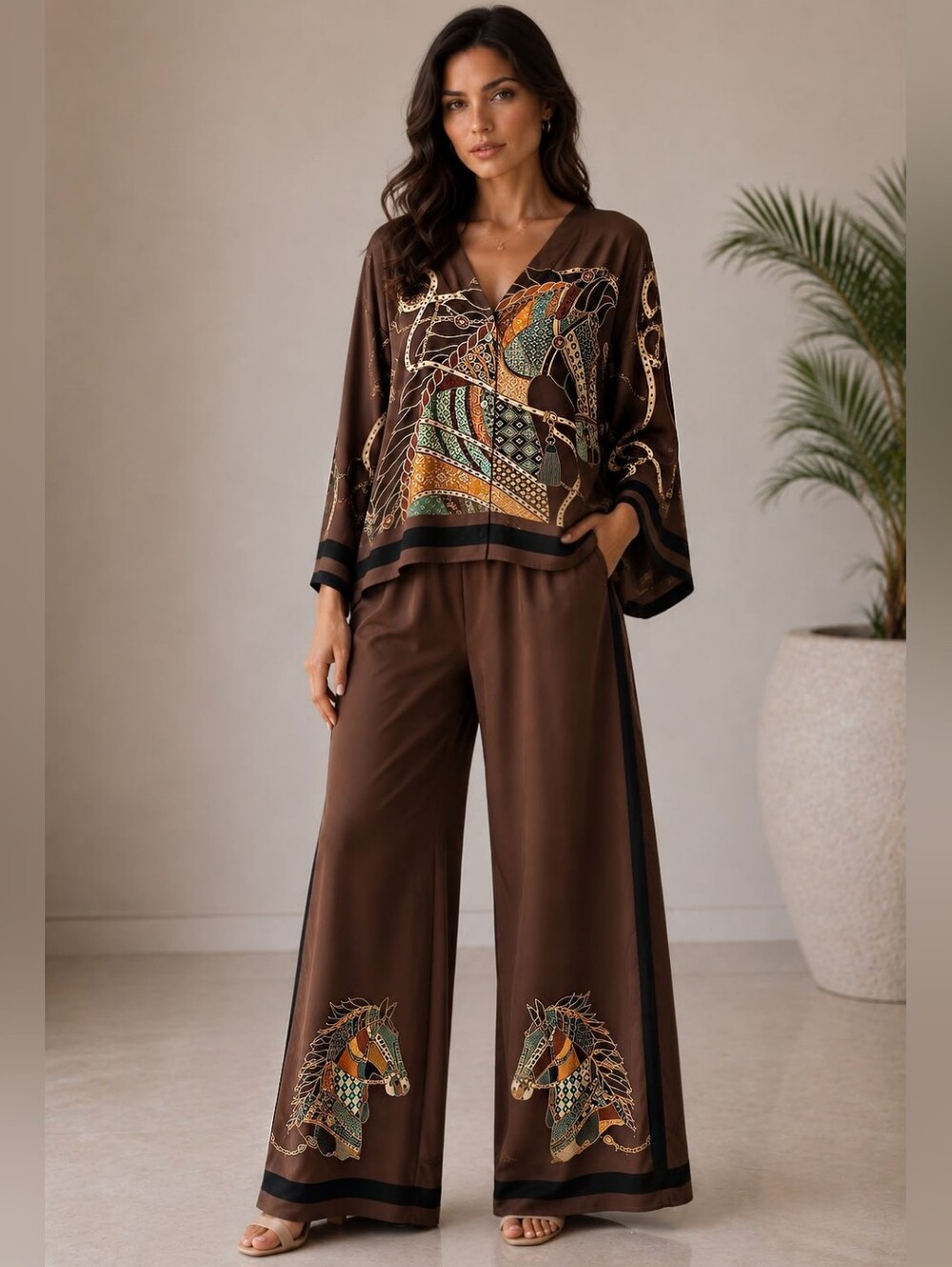 Made In Italy Viscose Rayon Brown Printed Oversizwd Top Pants Sets